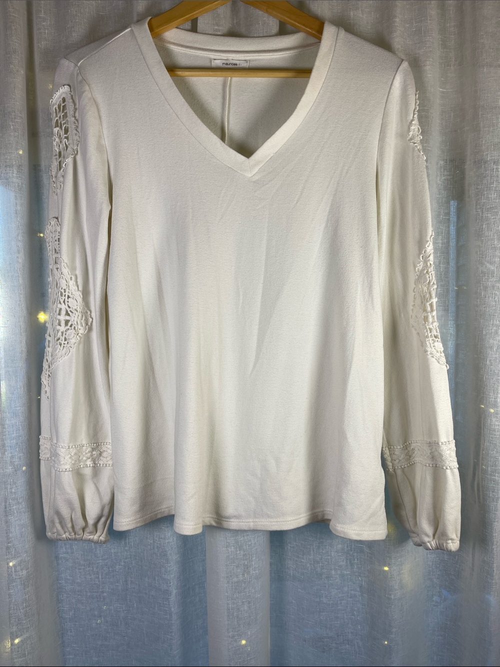 Maurices White V-Neck Long Sleeve Top with Crochet Sleeve Detail